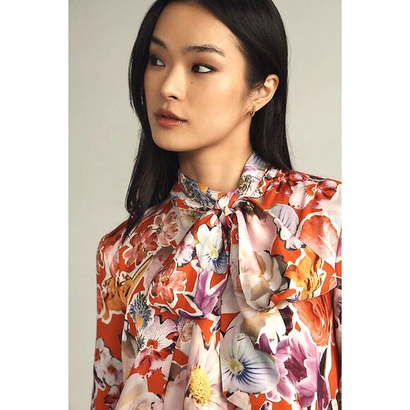 New Anthropologie Maeve Tie-Neck Floral Mini Dress $198 SMALL Pink Motif - Picture 3 of 8